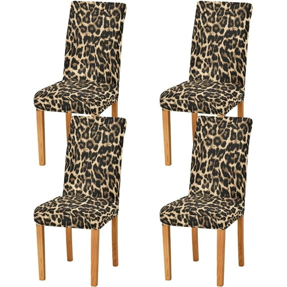 Leopard Print Brown Dining Chair Covers Set of 4, Stretch Kitchen Chair Slipcover Washable Removable Chair Covers Protector for Dining Room, Hotel and Ceremony