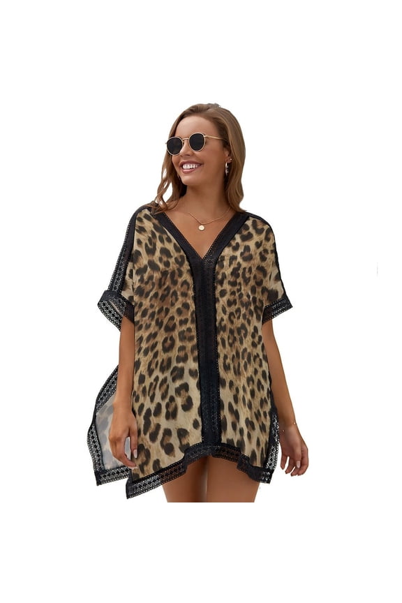 Leopard Print Brown Women's Swimsuit Coverup Summer Beach Cover Up Bathing Suit Dress