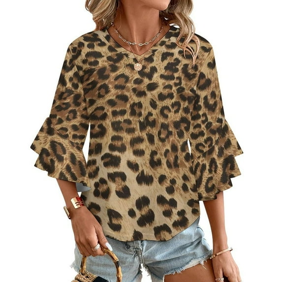 Leopard Print Brown Women's V-Neck Blouse With 3/4 Ruffled Bell Sleeves Casual Top Ladies Blouses