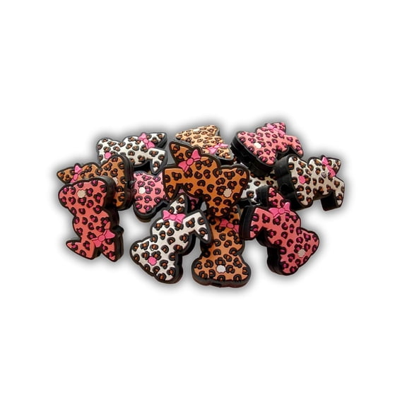 Leopard Print Bunny Rabbit with Pink Bow 3D Silicone Focal 12pk Bulk 1.17x0.87 Beadable Pens Mixed Assorted Country Chic Cheetah Easter
