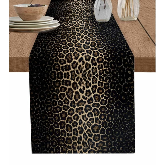 Leopard Print Burlap Cotton Table Runner 16x72 Inches Long, Chic Abstract Black Brown Animals Texture Farmhouse Table Runners, Outdoor Dining Tablecloths Decor for Baby Shower/Party/Wedding