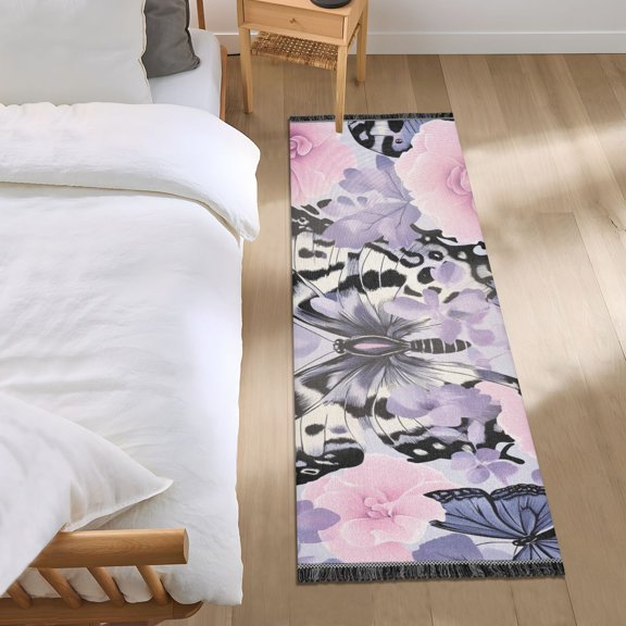 Leopard Print Butterflies Pink Roses Bedside Runner Rug 2'x 6' Non Slip Carpet Floor Mat Area Rug