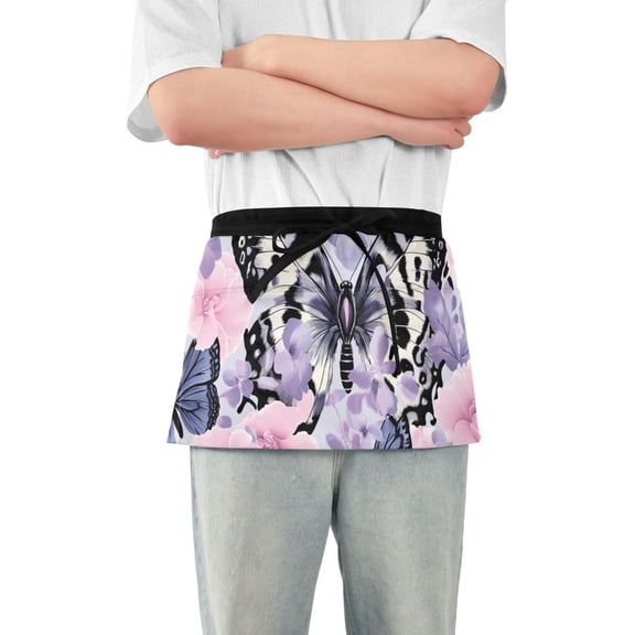 Leopard Print Butterflies Pink Roses Short Server Apron with 3 Pockets for Unisex Chef Gardening