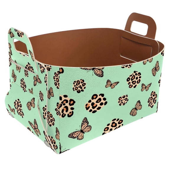 Leopard Print Butterfly Green Storage Basket Collapsible Storage Bin, PU Foldable Basket Convenient Box Storage Organizer with Handles for Shelves Office Bedroom Closet Nursery Toys Laundry