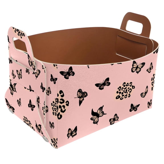 Leopard Print Butterfly Storage Basket Collapsible Storage Bin, PU Foldable Basket Convenient Box Storage Organizer with Handles for Shelves Office Bedroom Closet Nursery Toys Laundry