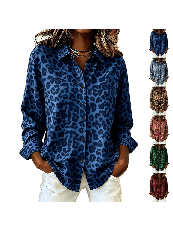 Leopard Print Button Down Shirts Women Trendy Long Sleeve Animal Top Womens Fall Clothes Teacher Pattern Country Concert Cute Blue 3XL