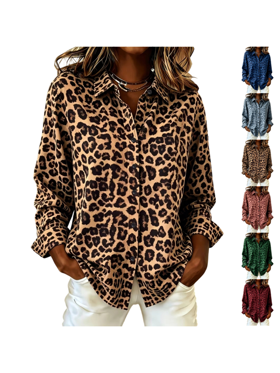 Leopard Print Button Down Shirts Women Trendy Long Sleeve Animal Top Womens Fall Clothes Teacher Pattern Country Concert Cute Brown S