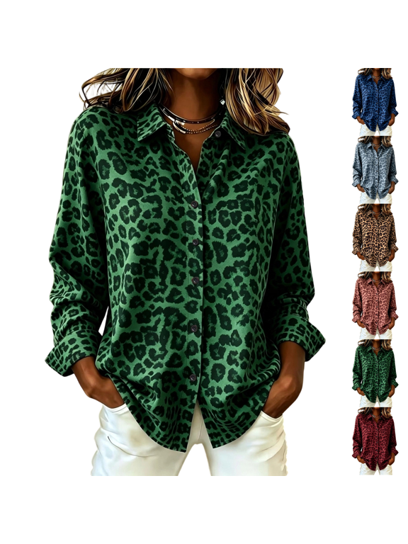 Leopard Print Button Down Shirts Women Trendy Long Sleeve Animal Top Womens Fall Clothes Teacher Pattern Country Concert Cute Green S