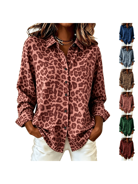 Leopard Print Button Down Shirts Women Trendy Long Sleeve Animal Top Womens Fall Clothes Teacher Pattern Country Concert Cute Pink 3XL