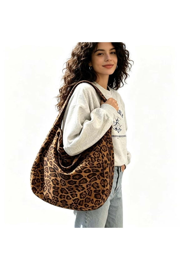 Leopard Print Canvas Hobo Crossbody Bag Large Capacity Casual Shoulder Tote Bag for Women Vintage Cheetah Print Daily Handbag
