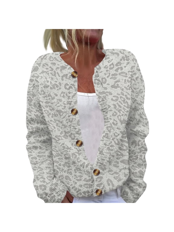 Leopard Print Cardigan Sweaters For Women Long Sleeve Button Down Cheetah Print Knitted Sweaters Y2K Fall Fashion Oversized Cardigans