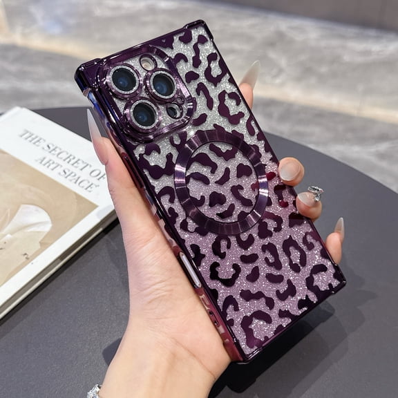 Leopard Print Case for iPhone 14 Pro Max for Women, Magnetic Gradient Glitter Back, Electroplated TPU Shockproof Protective Cover with Lens Protector, Lightweight Anti-Scratch Phone Case, Darkpurple