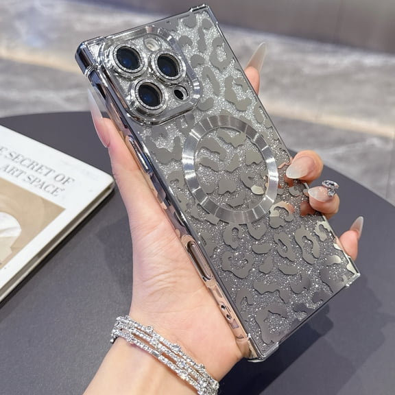Leopard Print Case for iPhone 15 Pro for Women, Magnetic Gradient Glitter Back, Electroplated TPU Shockproof Protective Cover with Lens Protector, Lightweight Anti-Scratch Phone Case, Silver