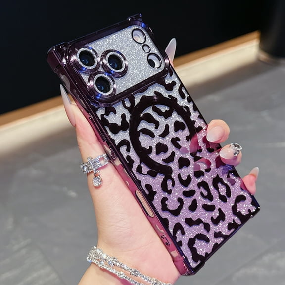 Leopard Print Case for iPhone 17 Pro Max for Women, Magnetic Gradient Glitter Back, Electroplated TPU Shockproof Protective Cover with Lens Protector, Lightweight Anti-Scratch Phone Case, Darkpurple