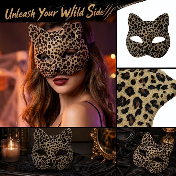 Leopard Print Cat Masquerade Mask, Half Face Animal Kitty Mask with Elastic Strap for Halloween Costume Party Cosplay Night Event