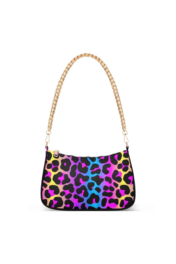 Leopard Print Cheetah Neon Gradient Womens Chain Shoulder Bag Tote Handbag Clutch Hobo Purse with Zipper for Travel Casual