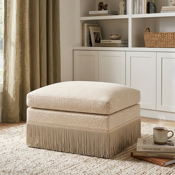 Leopard Print Chenille Modular Ottoman, Upholstered Footrest with Tassel Trim