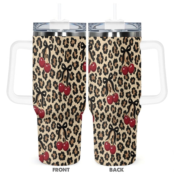 Leopard Print Cherry 40oz Travel Tumbler With Handle And Straw For Car Office Home Use