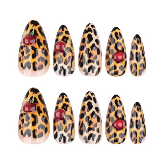 Leopard Print Cherry Design Press on Nails, Medium Pointed Almond Glossy False Nails with Raised Cherry Detail, 24 Count
