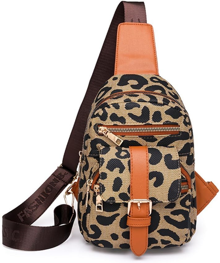 Leopard Print Chest Bag for Women Cheetah Print Crossbody Sling Bag Purse Casual Multi Zipper Travel Hiking Daypack (Leopard-1)