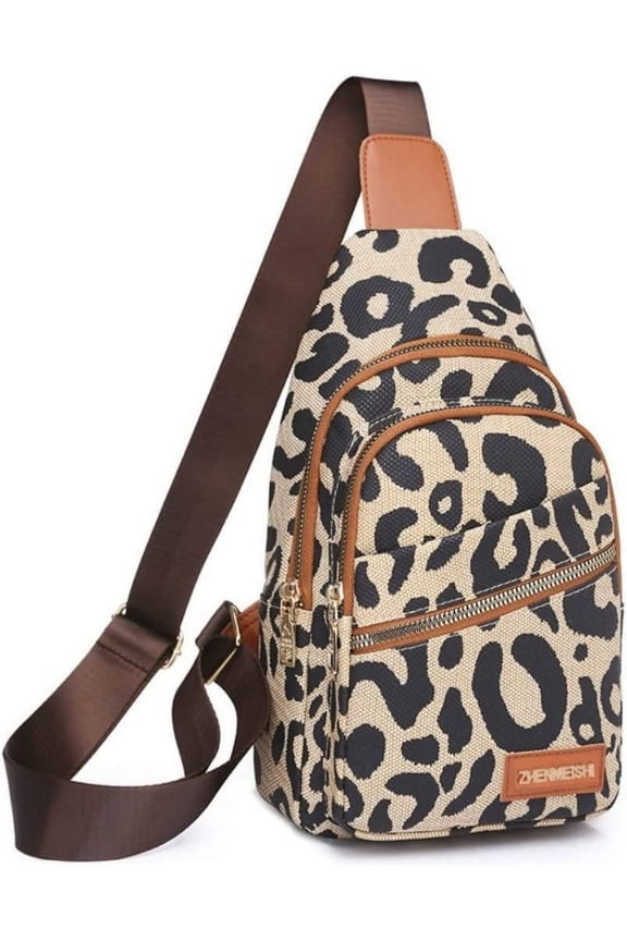 Leopard Print Chest Bag for Women Letter Print Crossbody Sling Backpack with Wide Strap Multipurpose Fanny Daypack (white)