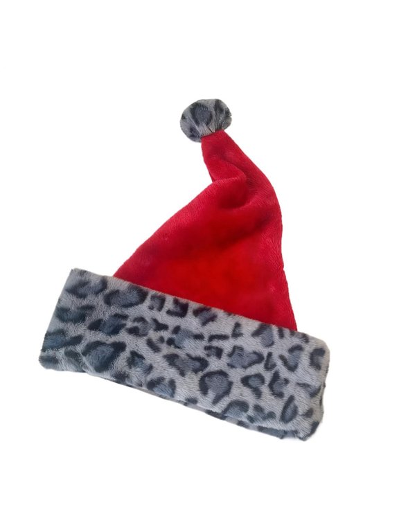 Leopard Print Christmas Santa Hat for Adults, Plush Red Santa Hat with Fuzzy Animal Print Brim and Pom, Thickened Holiday Hat for Party and Photo