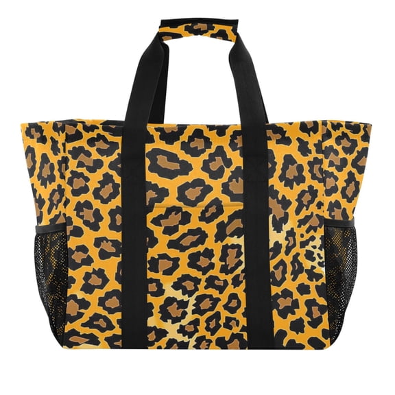 Leopard Print Clip Art Reusable Grocery Bags with Handle Side Pocket Waterproof Shopping Portable Tote