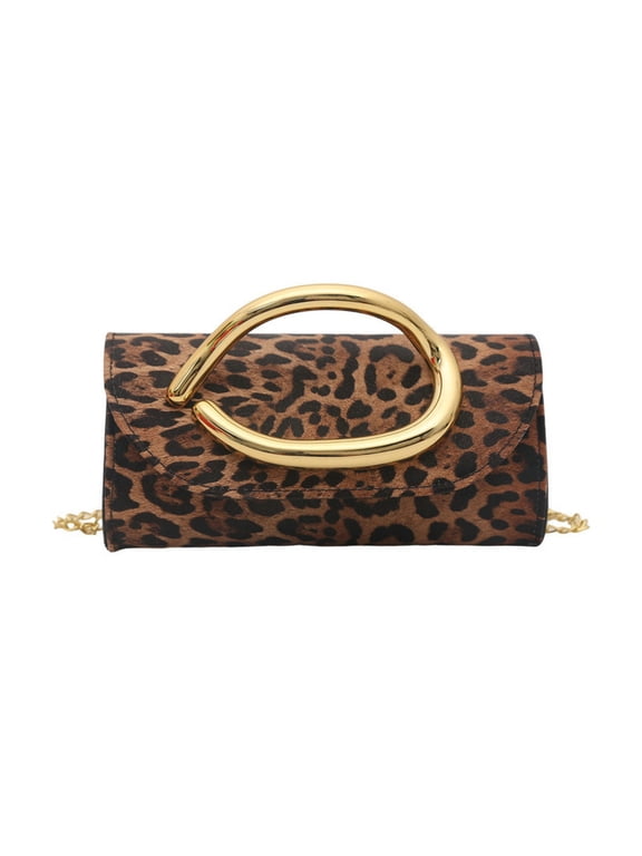 Leopard Print Clutch Purse, Metal Decor Top Handle Crossbody Bag, Removable Chain Strap Evening Shoulder Bag, Retro Animal Pattern Handbag for Party Date Night Outings