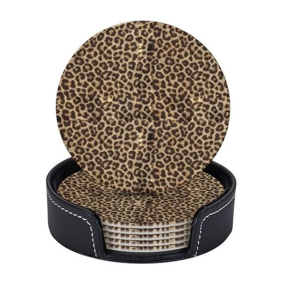 Leopard Print Coasters With Leather Holder Set Of 6 Round Coasters for Home and Kitchen Decor