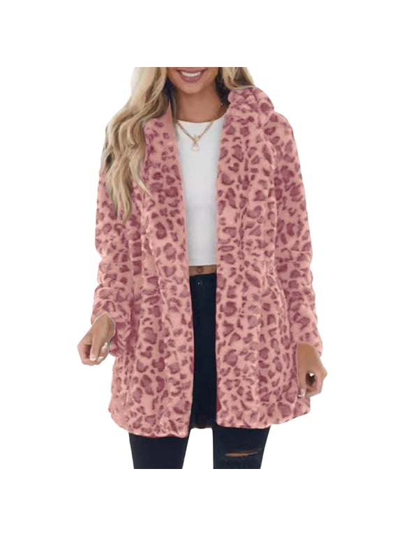 Leopard Print Coats for Women Soft Cozy with Pockets Loose Fit Casual Hooded Fuzzy Jackets Long Sleeve Fall Outfits Animal Print Open Front Outerwear Fall Fashion Winter Coats