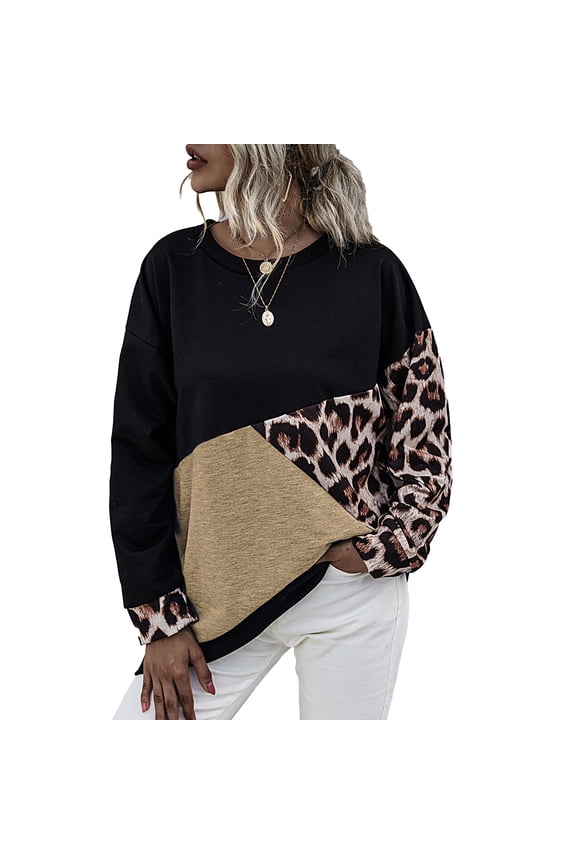 Leopard Print Color Block Sweatshirt Top - Fashionable Long Sleeve Crewneck with Drop Shoulder for Women - Khaki XL