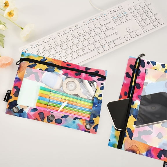 Leopard Print Colorful 2 Pack Pencil Pouches Zipper Pencil Case 3 Ring Pencil Pouch Cosmetic Bag