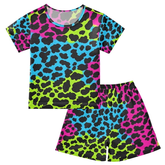 Leopard Print Colorful Pattern Summer Pajama Set Soft Cotton Short Sleeve Sleepwear 2PCS Pajama Sets Breathable Lounge Set Size 6Y