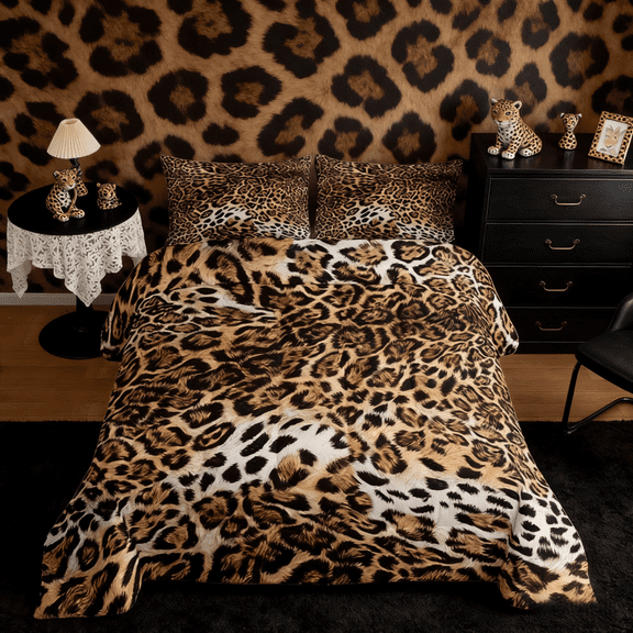 Leopard Print Comforter Cheetah Bedding,Safari Animal Bedding Sets & Collections Jungle Theme Down Comforter Full Size Animal Design Duvet,Luxury Ultra Soft Brown Quilt 3-Piece