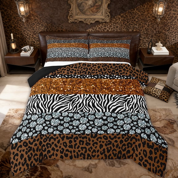 Leopard Print Comforter Set Adults Watercolor Brown Diamond Queen Bedding Sets Cheetah Comforter, Glitter Animal Print Christmas Gifts Bed Set 3Pcs (No Real Glitter No Sequin)