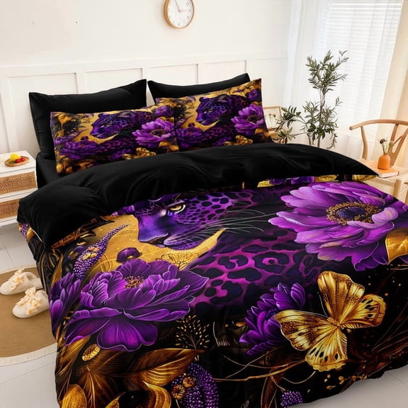 Leopard Print Comforter Set Black Gold Bedding Set Queen Purple Floral Leaf Cheetah Animal Bedding Black and Purple Comforter Forest Bedroom Decor