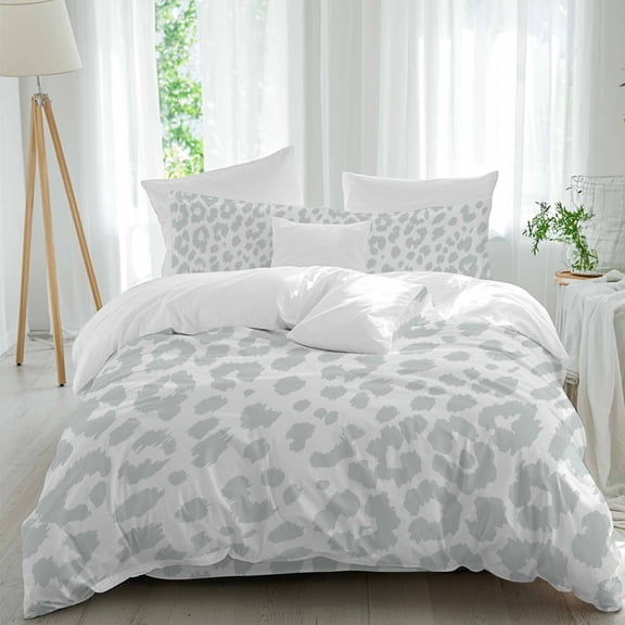 Leopard Print Comforter Set California King Size, Morandi Style White Gray Leopard Print Country Soft Bedding Set for Man Woman, 4 Pieces Duvet Cover Set with Fitted Sheet, 2 Pillowcases