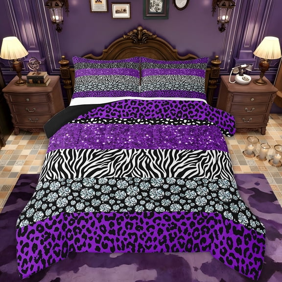 Leopard Print Comforter Set Full Size,Rustic Cheetah Zebra Skin Texture Patchwork Bedding For Girls Women Glitter Sequins Romantic Comforter,Purple Chic Bed Set,2 Pillowcases