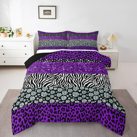 Leopard Print Comforter Set Full Size,Rustic Cheetah Zebra Skin Texture Patchwork Bedding For Girls Women Glitter Sequins Romantic Comforter,Purple Chic Bed Set,2 Pillowcases