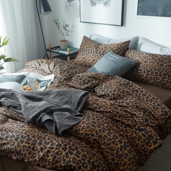 Leopard Print Comforter Set King Soft Fluffy Animal Cheetah Printed Comforter Set 3 Pieces Brown Black Floral Bedding Farmhouse Leopard Pattern King Size Comforter with 2 Pillowcases for All Season
