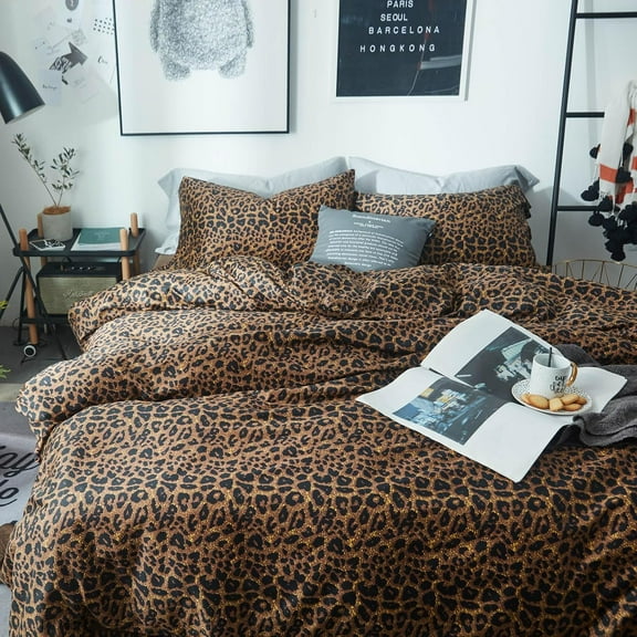 Leopard Print Comforter Set Queen Size -3 Pieces Animal Cheetah Printed Comforter Sexy Soft Fluffy Brown/Black Floral Print Bedding Set with 2 Pillowcases for All Season-Queen Size