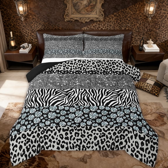 Leopard Print Comforter Set Queen Size,Rustic Cheetah Zebra Patchwork Bedding Set,Women Room Decor,Glitter Sequins Romantic Down Comforter,Silver Chic Duvet Insert 3 Piece