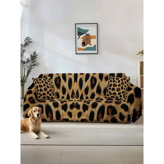 Leopard Print Couch Cover Sofa Covers 3 Cushion Sectional Couch, Brown Yellow Retro Animal Fur Pattern Washable Sofa Covers Slipcover Sectional Sofa Cover, Furniture Protector 71"x150"