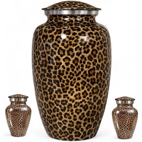 Leopard Print Cremation Urn for Human Ashes Set of 3-Large Adult Funeral and Memorial Urn with 2 Keepsake Mini Urns-Decorative urn for Burial or Home Display Holds Upto 200 Cubic Inches