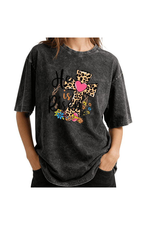 Leopard Print Cross He Is Risen Wash Print Tshirt S-2XL Vintage Black Graphic Tees Gift Shirts for Religious Easter Tops