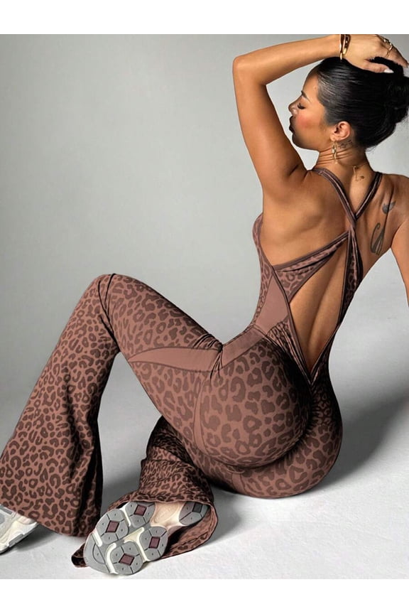 Leopard Print Crossback Bodysuit Yoga Jumpsuit for Women Fitness Sports Jumpsuit
