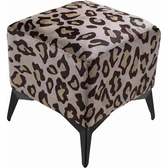 Leopard Print Cube Ottoman Footrest, 16" Upholstered Stool with Solid Metal Legs