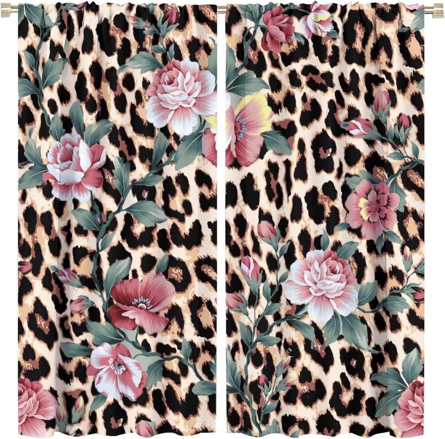Leopard Print Curtains Pink Flowers Green Leaves Leopard Blackout Print Rod Pocket Window Drapes for Bedroom Living Room 42x54in