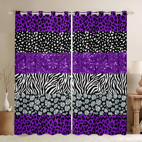 Leopard Print Curtains,Rustic Cheetah Zebra Texture Patchwork Curtains & Drapes Glitter Sequins Romantic 30%-50% Blackout Curtains,Purple Chic Window Curtains 52''Wx84''L