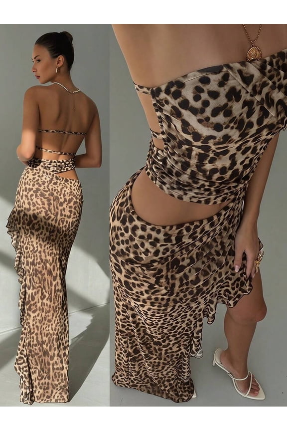 Leopard Print Cut-Out Maxi Dress Multicolor Ruched Backless Wrap Style